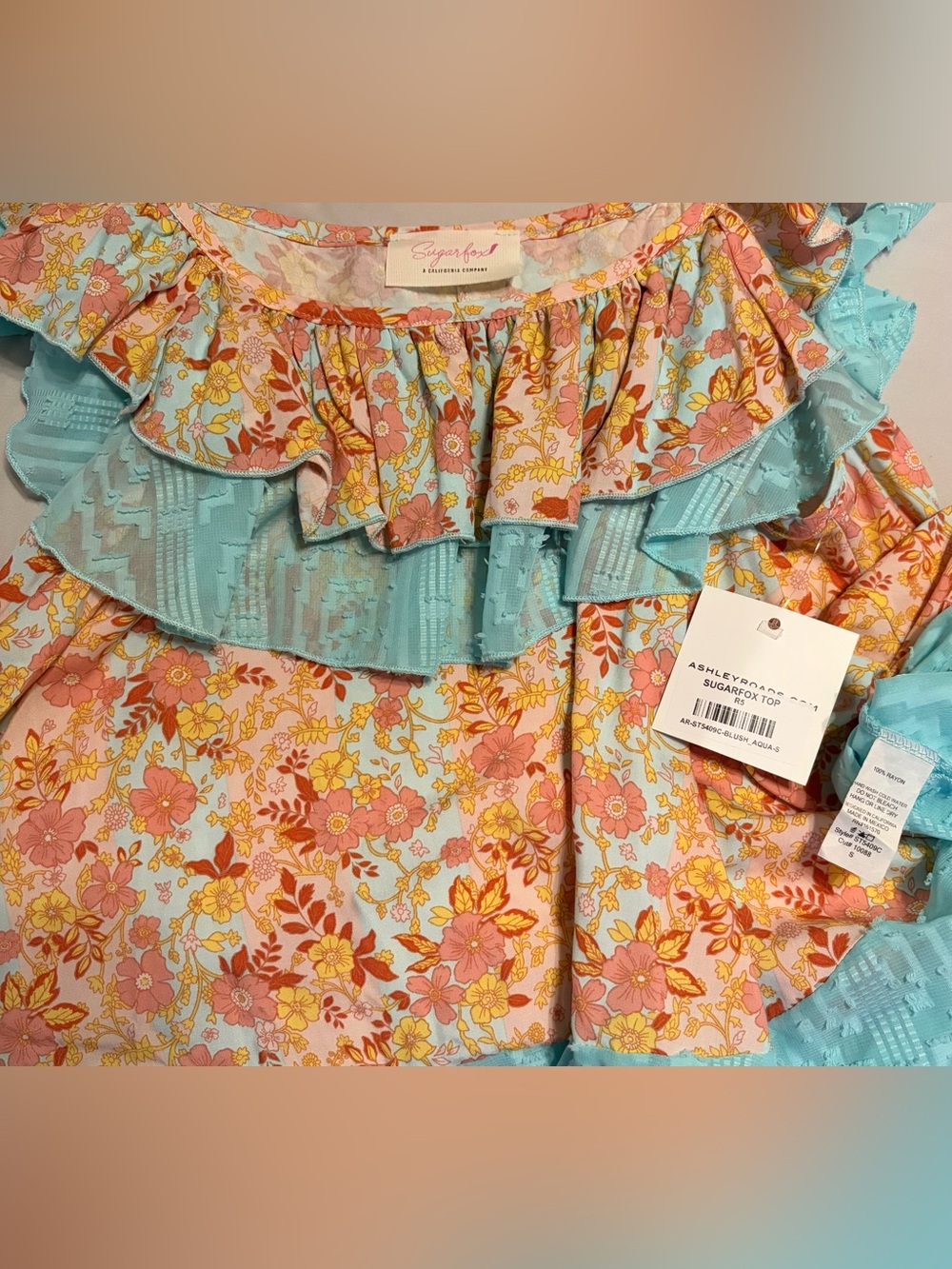 Sugarfox Floral Ruffle Tank Top in Aqua and Peach - Size S, NWT - Picture 3 of 5